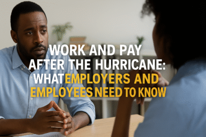 The image shows two Black professionals engaged in a serious conversation across a desk in an office setting. The man on the left appears attentive and concerned, while the woman, seen from behind, listens intently. Overlaid on the image is large, centered text that reads: