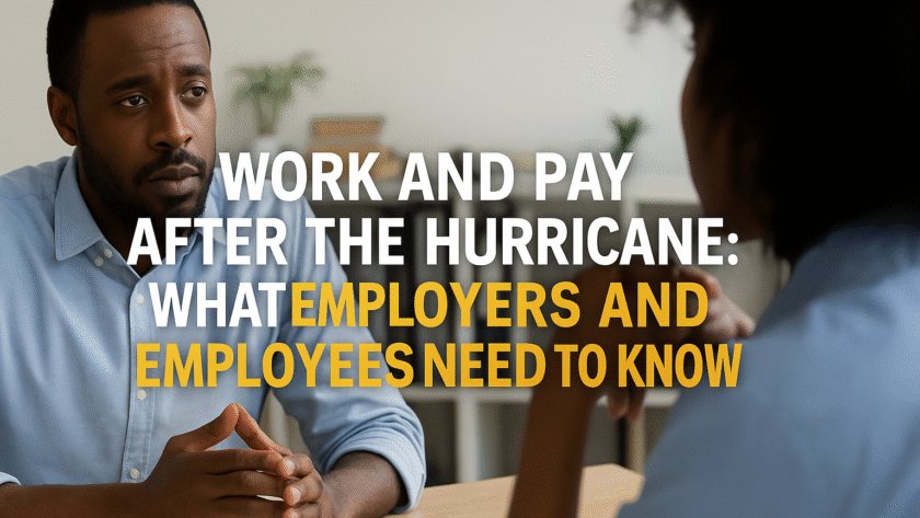 The image shows two Black professionals engaged in a serious conversation across a desk in an office setting. The man on the left appears attentive and concerned, while the woman, seen from behind, listens intently. Overlaid on the image is large, centered text that reads: