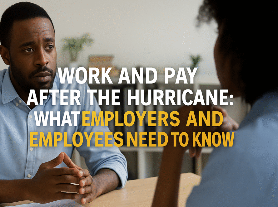 The image shows two Black professionals engaged in a serious conversation across a desk in an office setting. The man on the left appears attentive and concerned, while the woman, seen from behind, listens intently. Overlaid on the image is large, centered text that reads: