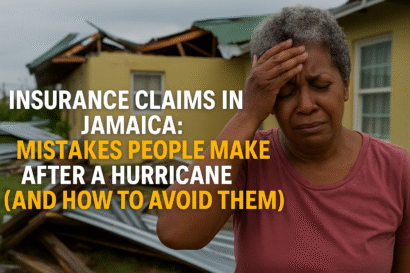 A Jamaican woman standing in front of a hurricane-damaged home, looking distressed as she holds her head. Overlaid text reads “Insurance Claims in Jamaica: Mistakes People Make After a Hurricane.”