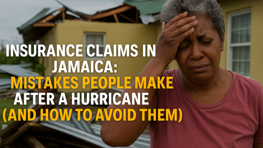 A Jamaican woman standing in front of a hurricane-damaged home, looking distressed as she holds her head. Overlaid text reads “Insurance Claims in Jamaica: Mistakes People Make After a Hurricane.”