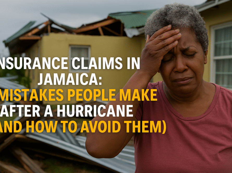 A Jamaican woman standing in front of a hurricane-damaged home, looking distressed as she holds her head. Overlaid text reads “Insurance Claims in Jamaica: Mistakes People Make After a Hurricane.”